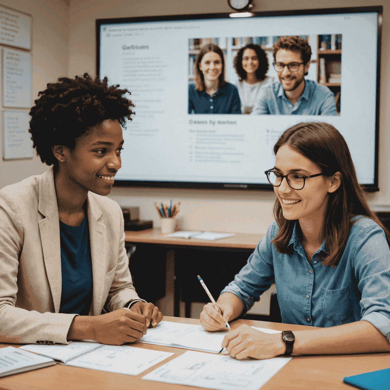 A split-screen view of a tutor and student engaged in a lively foreign language conversation, with visual aids displayed